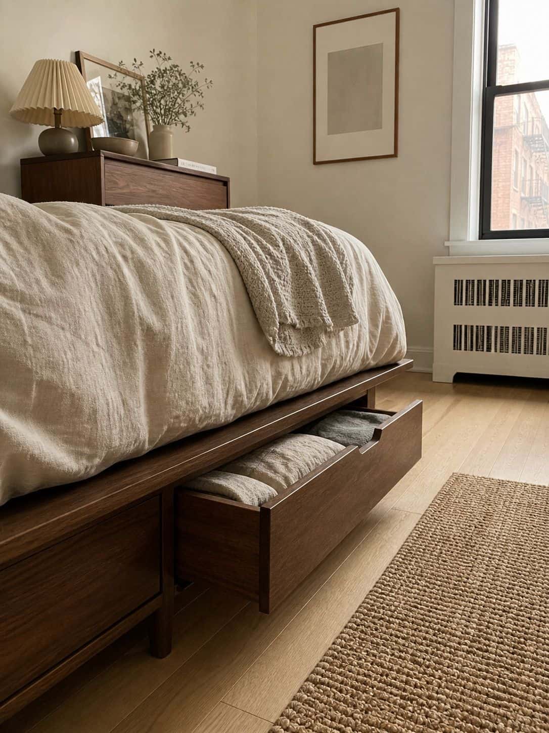Walnut storage bed with built-in drawers in a small apartment bedroom