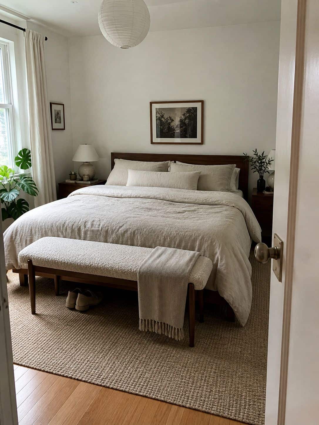 End-of-bed bench adding storage and seating in a small apartment bedroom