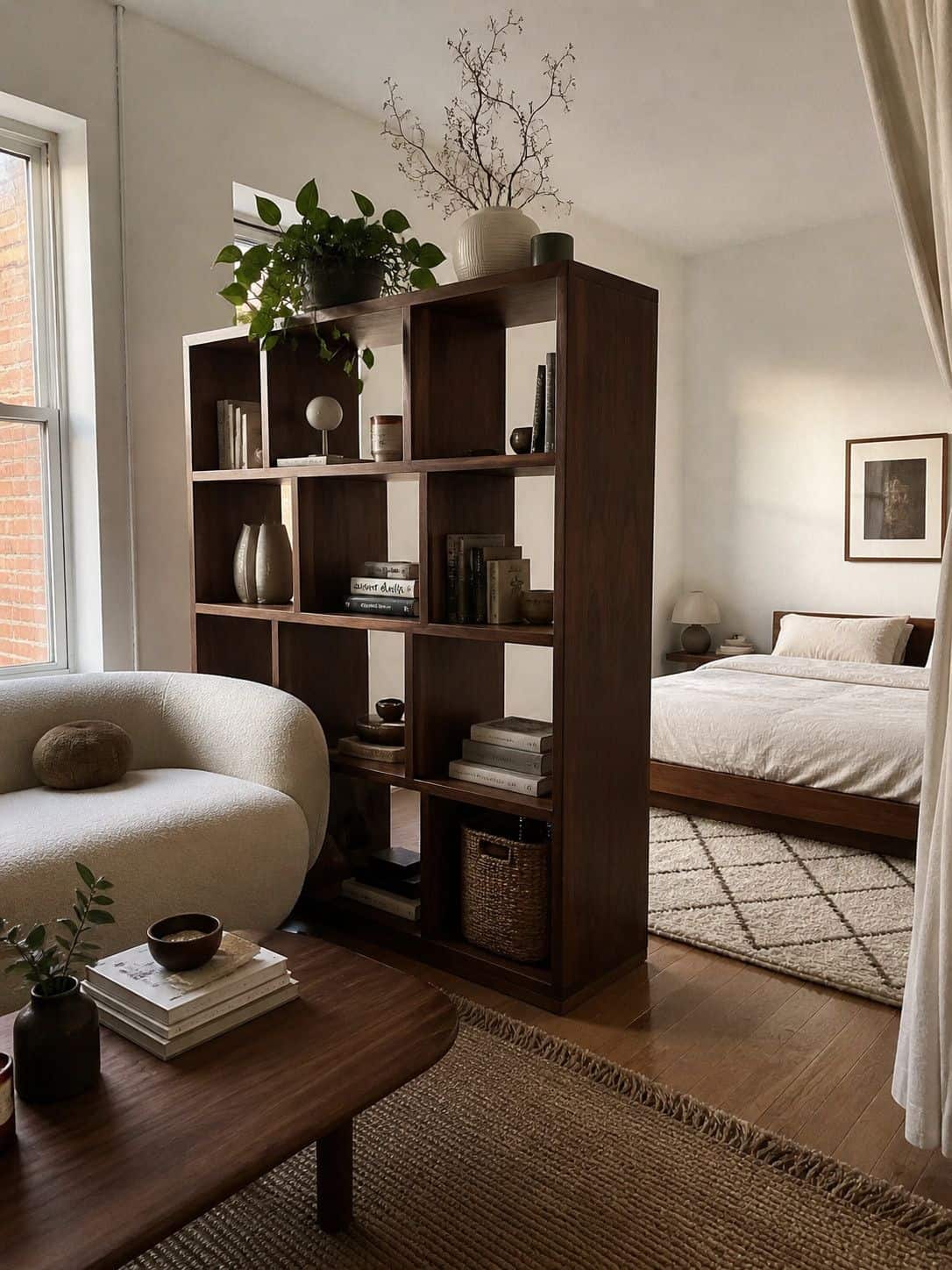 Cube shelving room divider separating a small apartment bedroom and living area