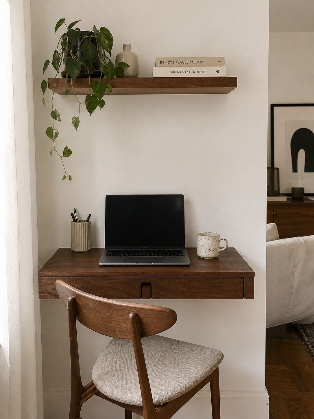 Floating walnut desk with compact chair in a small apartment work corner