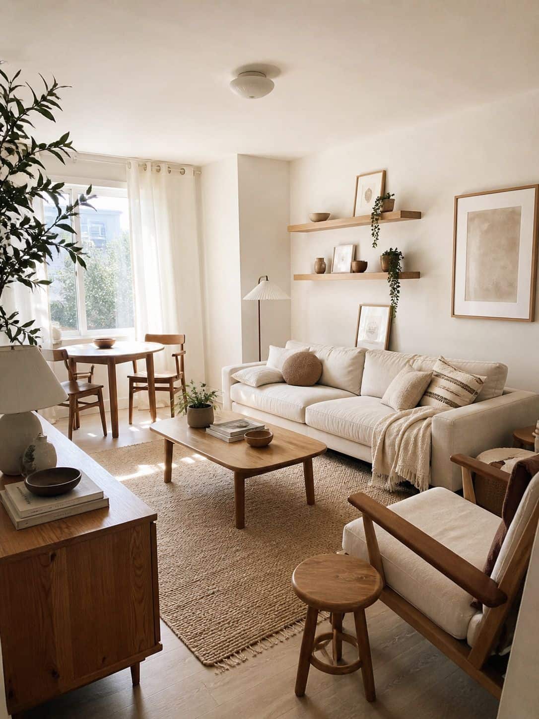 Light wood furniture and airy natural finishes in a small apartment living room