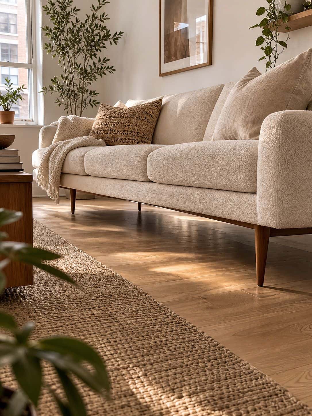 Raised-leg sofa showing open floor space in a bright small apartment living room