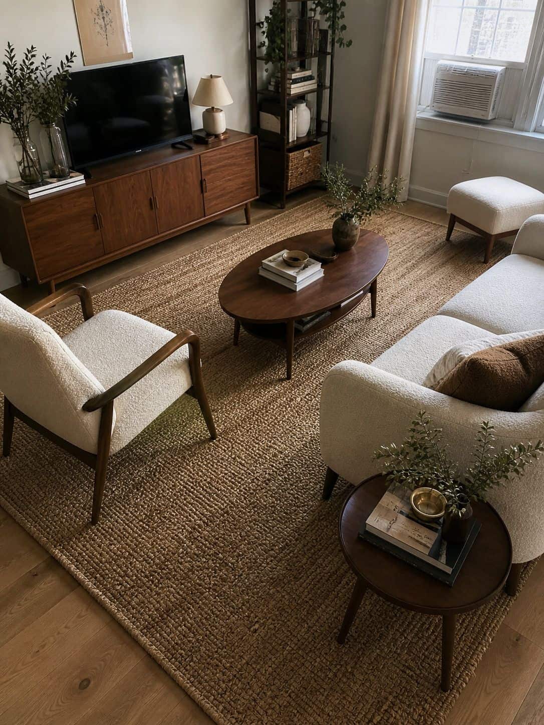 Correctly sized rug anchoring a mid-century seating area in a small apartment