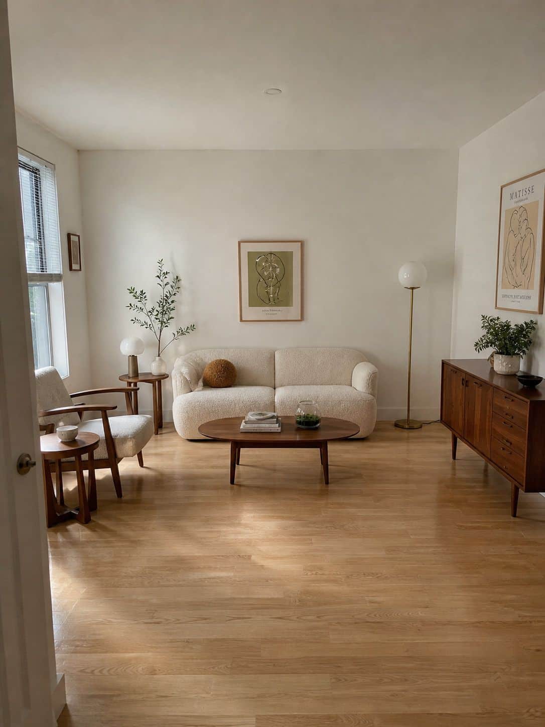 Balanced small apartment living room with scaled sofa, chair, and walnut credenza
