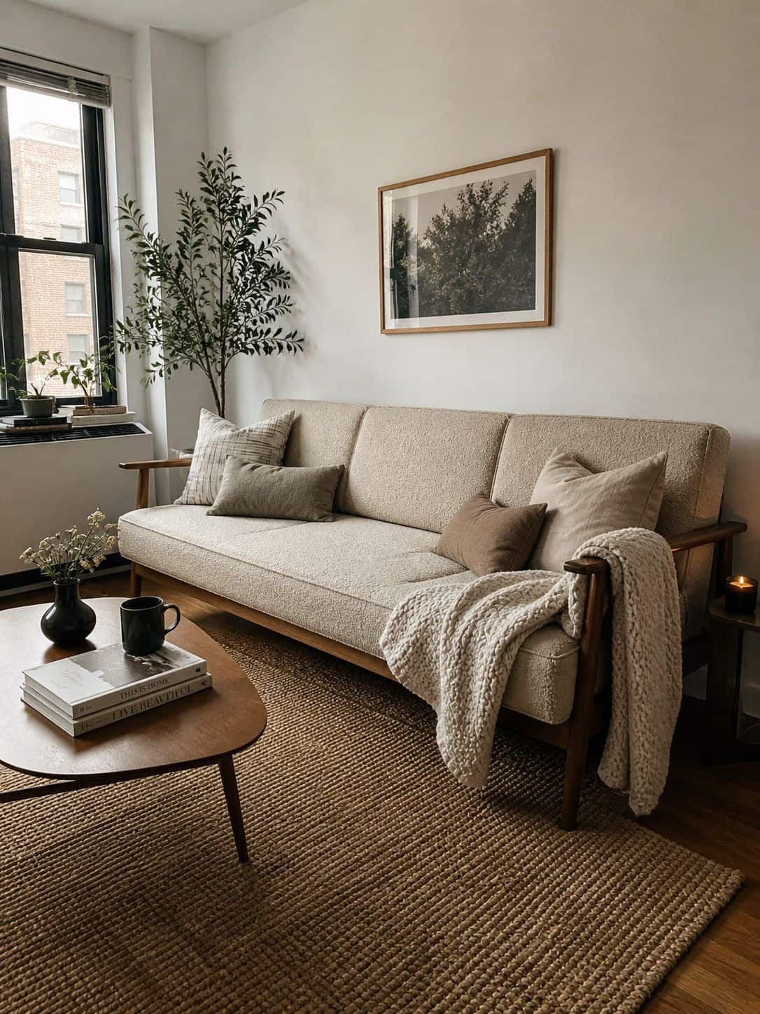 Boucle sleeper sofa with walnut accents in a bright small apartment living room
