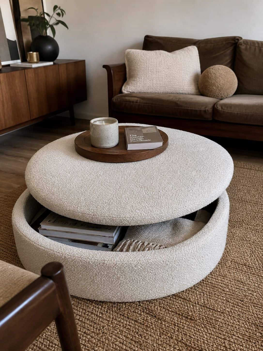 Round boucle storage ottoman styled as a coffee table in a small apartment