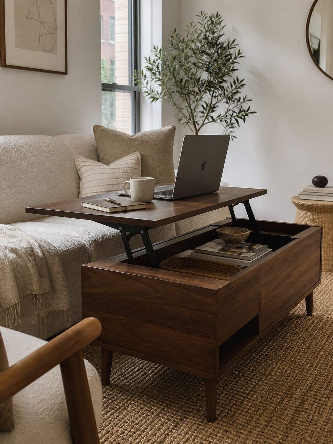 Walnut lift-top coffee table creating a flexible work surface in a small living room