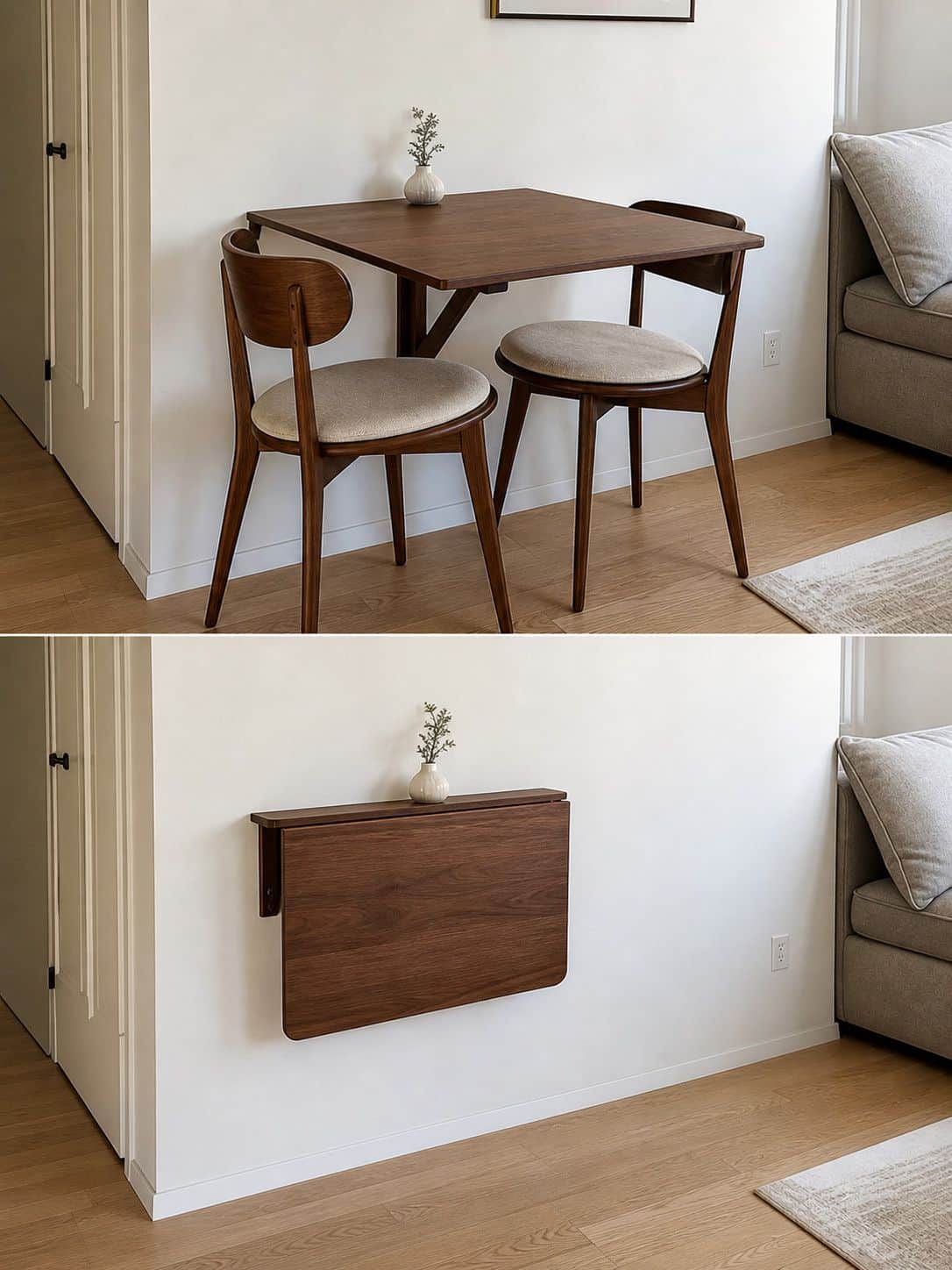 Wall-mounted folding dining table with walnut chairs in a small apartment