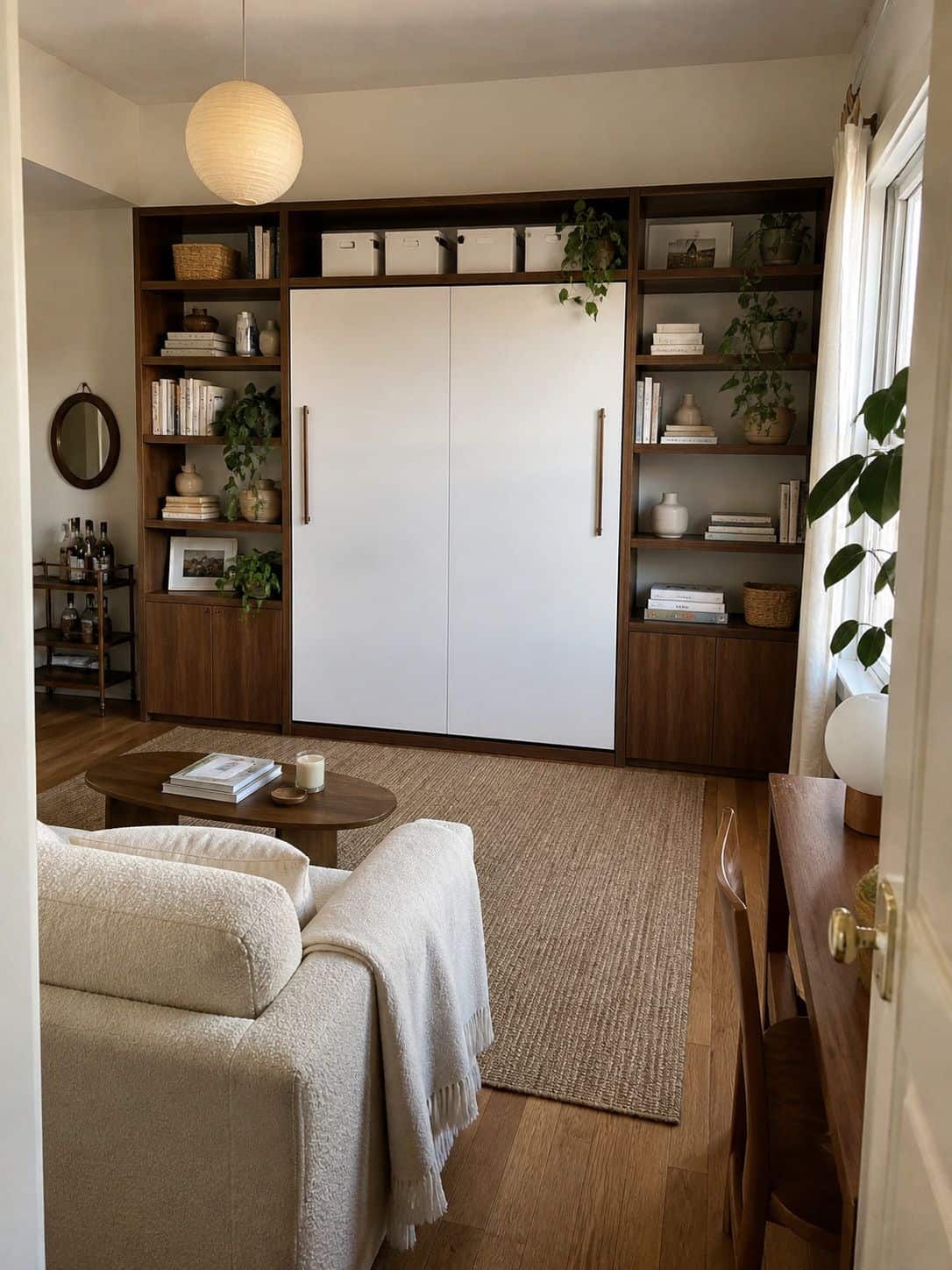 Murphy bed wall unit with walnut shelving in a compact apartment living space