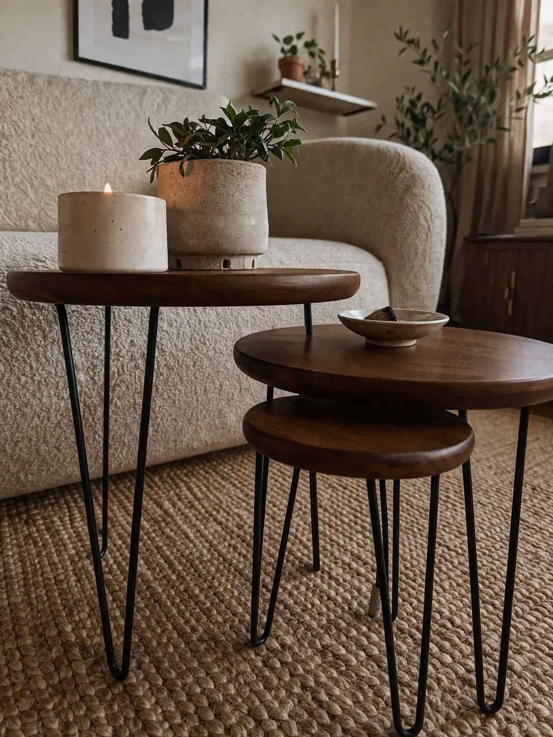 Nesting walnut side tables styled beside a cozy small apartment chair