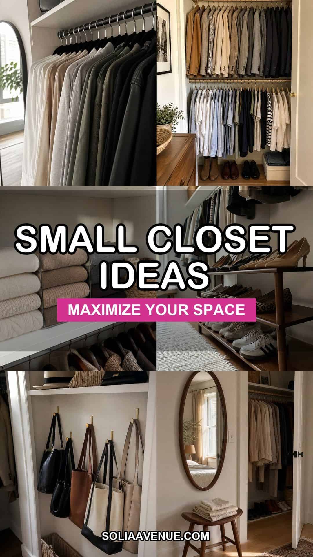 Pinterest collage of organized small apartment closets with bold small closet ideas text