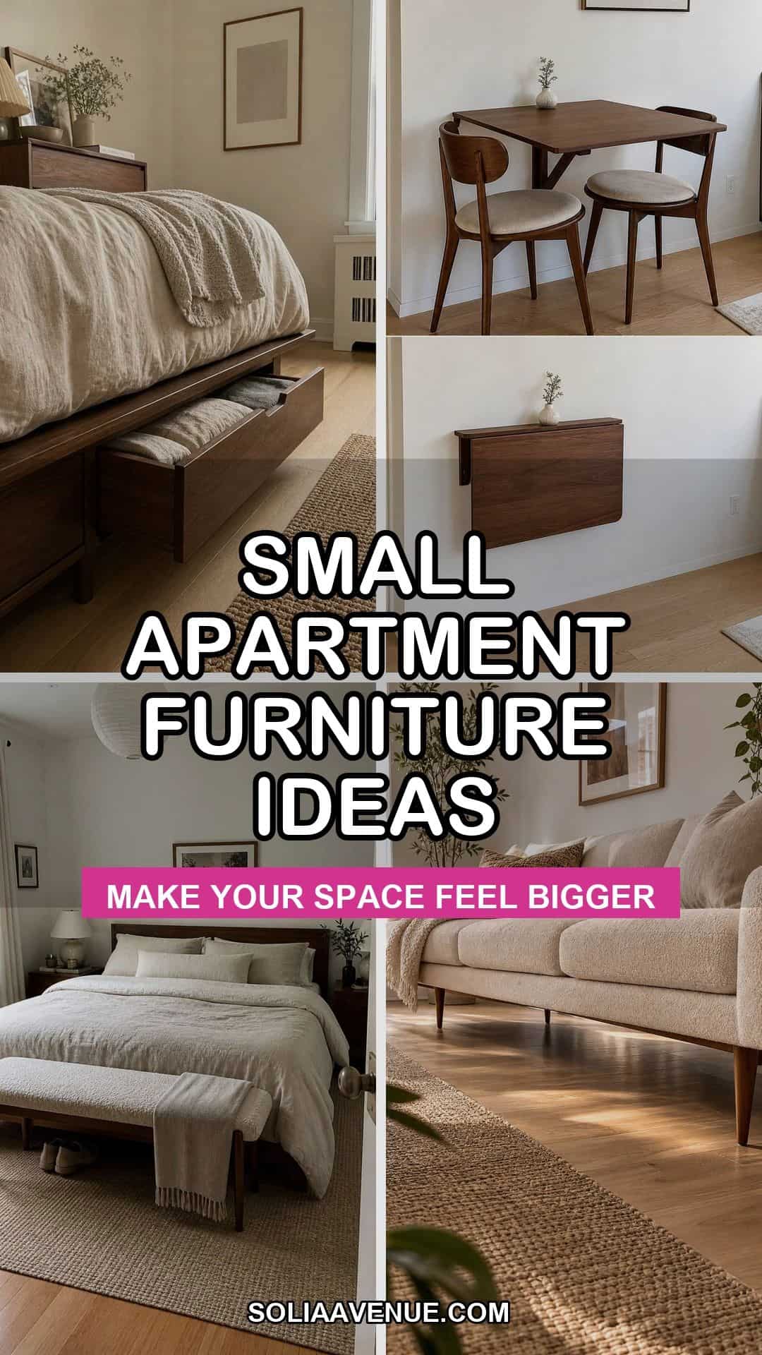 Pinterest collage of small apartment furniture ideas with storage bed, folding table, bench, and sofa