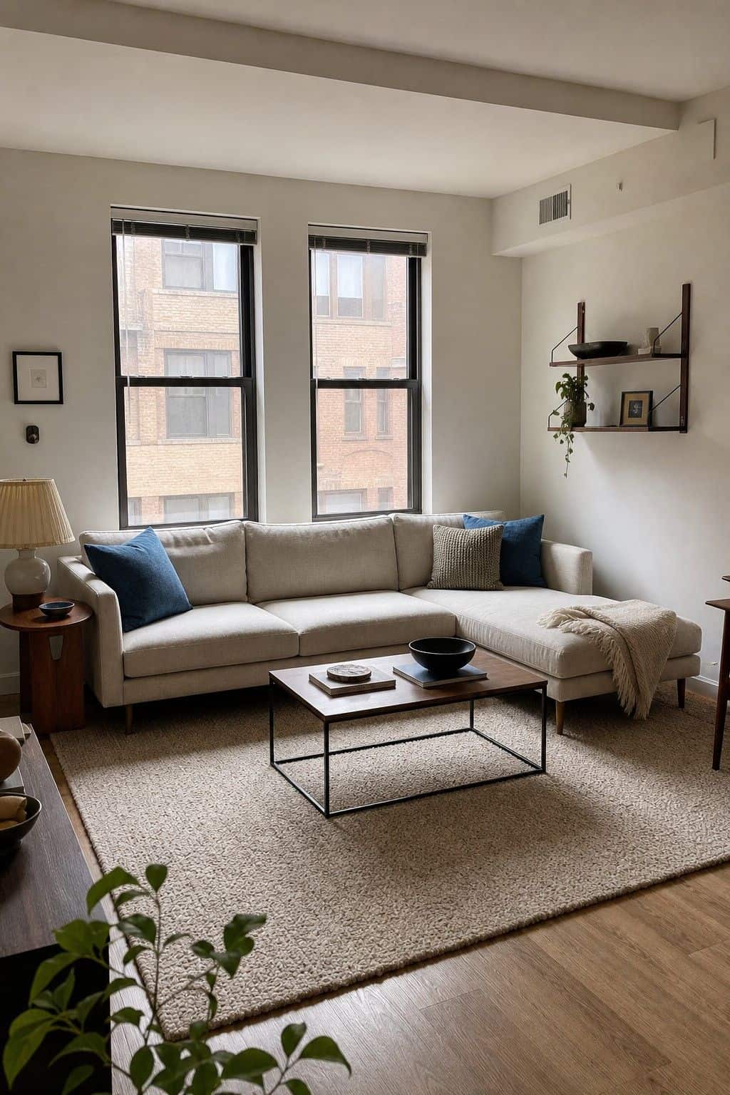 Apartment-scale L-shaped sectional in a bright small living room with dusty blue pillows