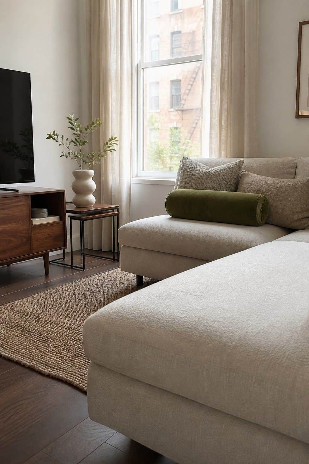 Armless chaise sectional beside a window in a minimalist small apartment living room