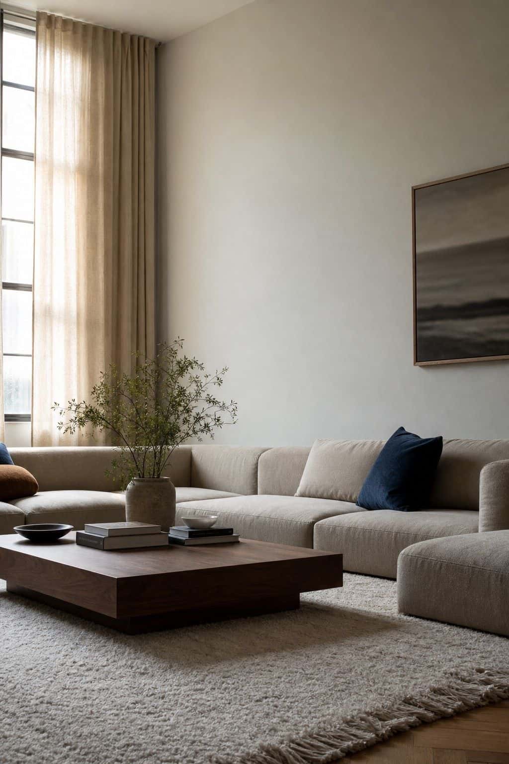 Low-profile pit sectional in a bright apartment living room with deep blue pillow