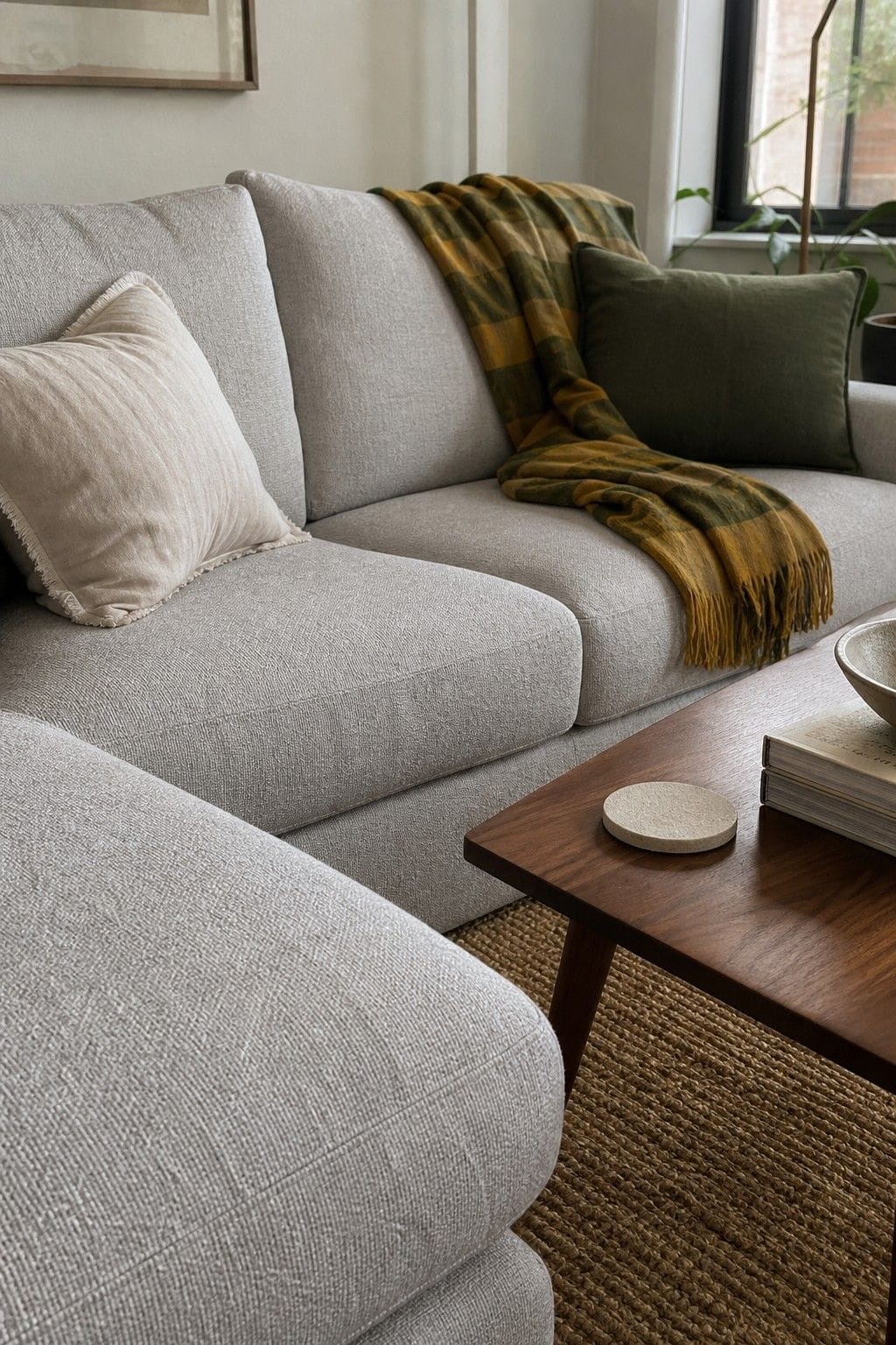 Performance fabric sectional with striped throw in a bright renter-friendly living room