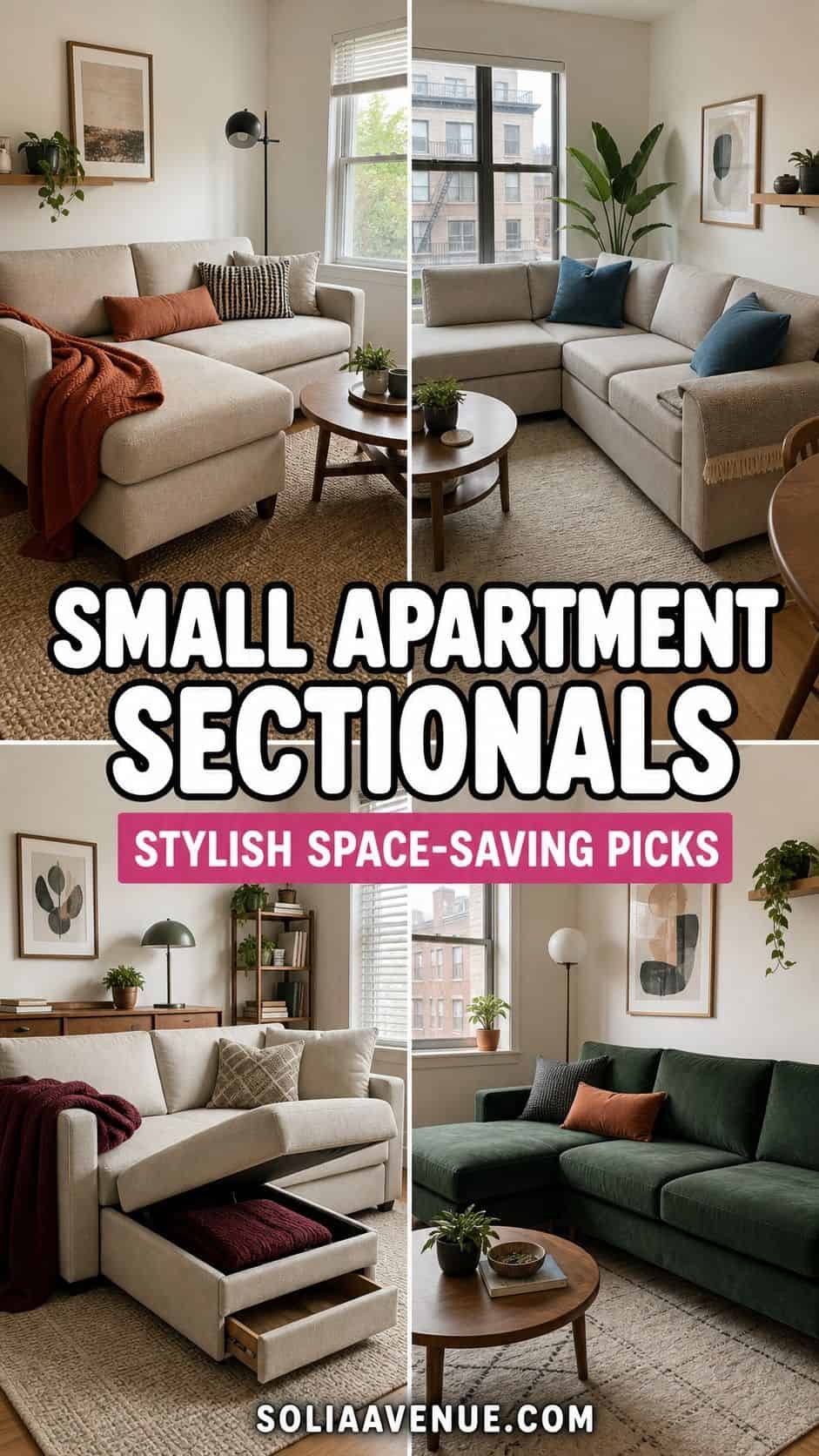 Pinterest pin collage for small apartment sectionals with bold white title text