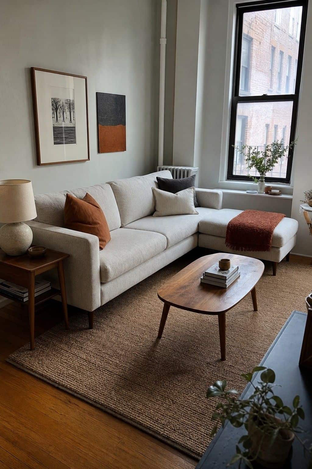 Small apartment living room with reversible chaise sectional and rust throw blanket