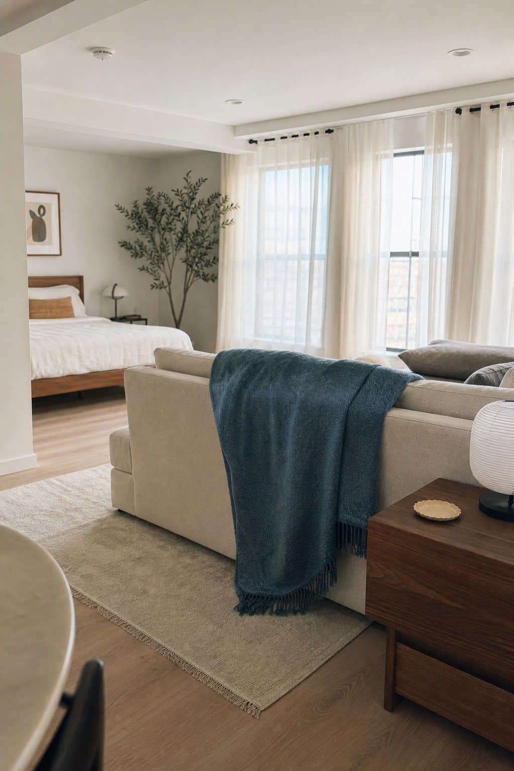 Sectional sofa used as a room divider between living and sleeping zones in a studio