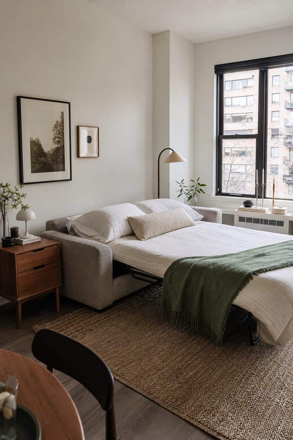 Sleeper sectional pulled out into a guest bed in a bright studio apartment