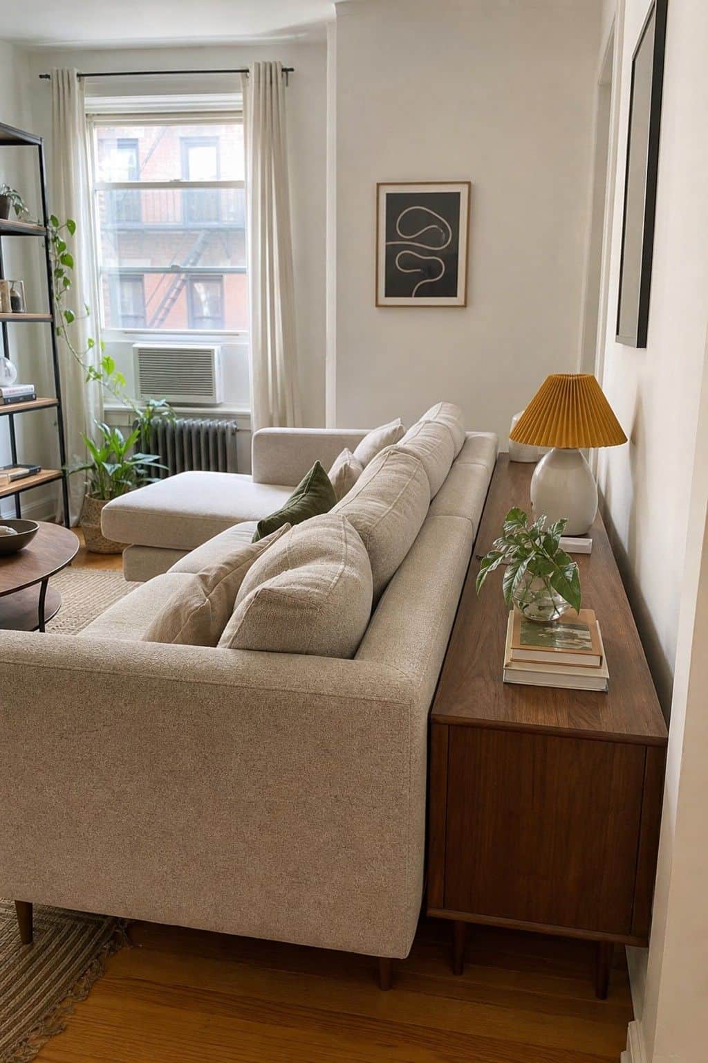 Corner sectional with a narrow walnut console table behind it in a small apartment