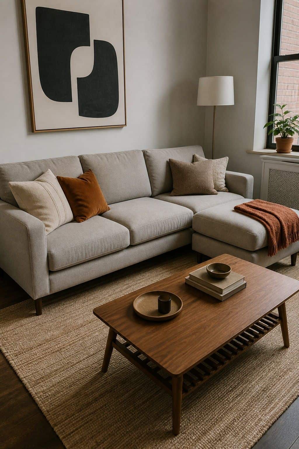 Compact three-seat sofa with movable ottoman and terracotta throw in a small apartment