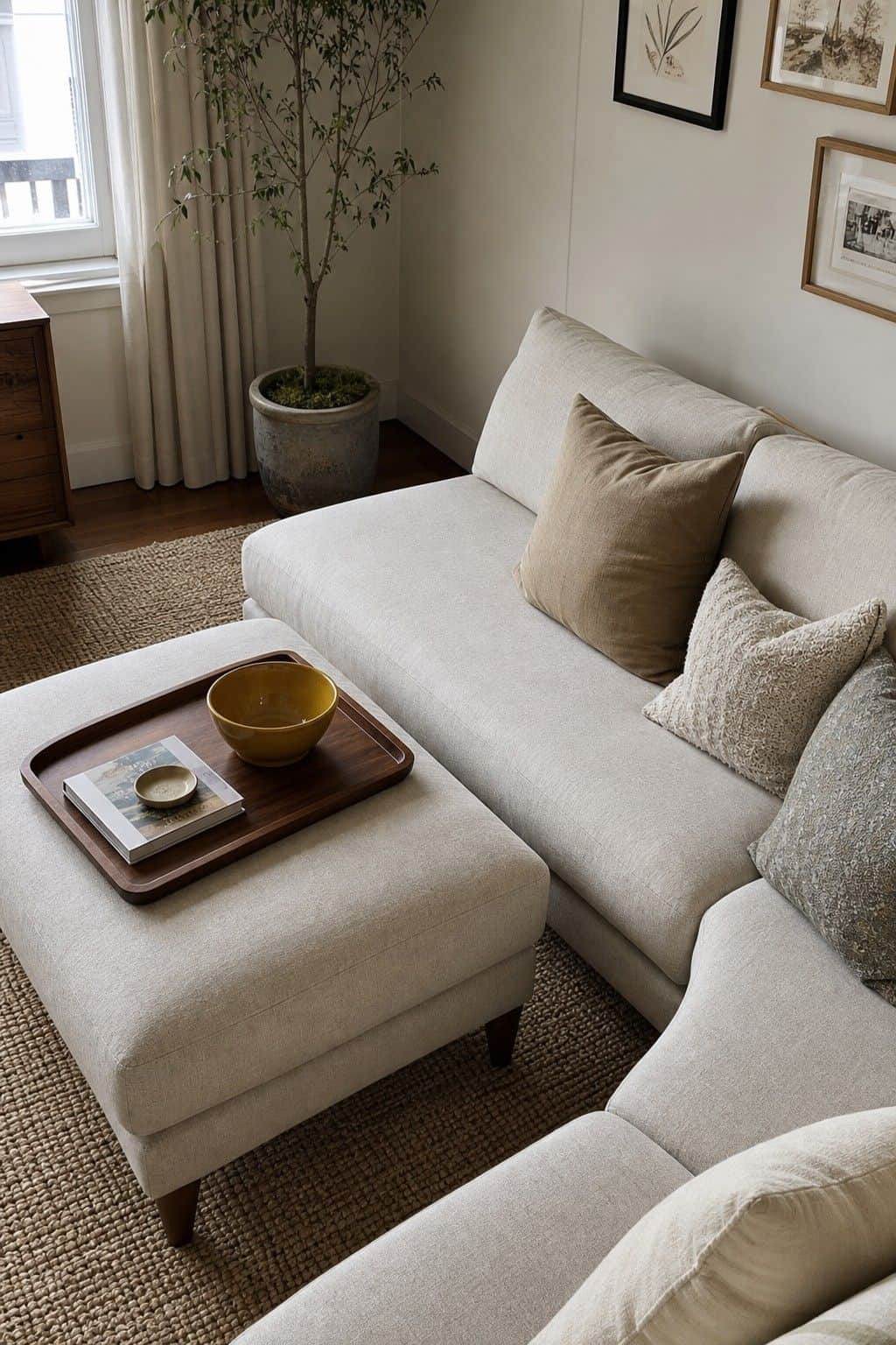 Two-piece sectional setup with movable ottoman and walnut tray in a small apartment