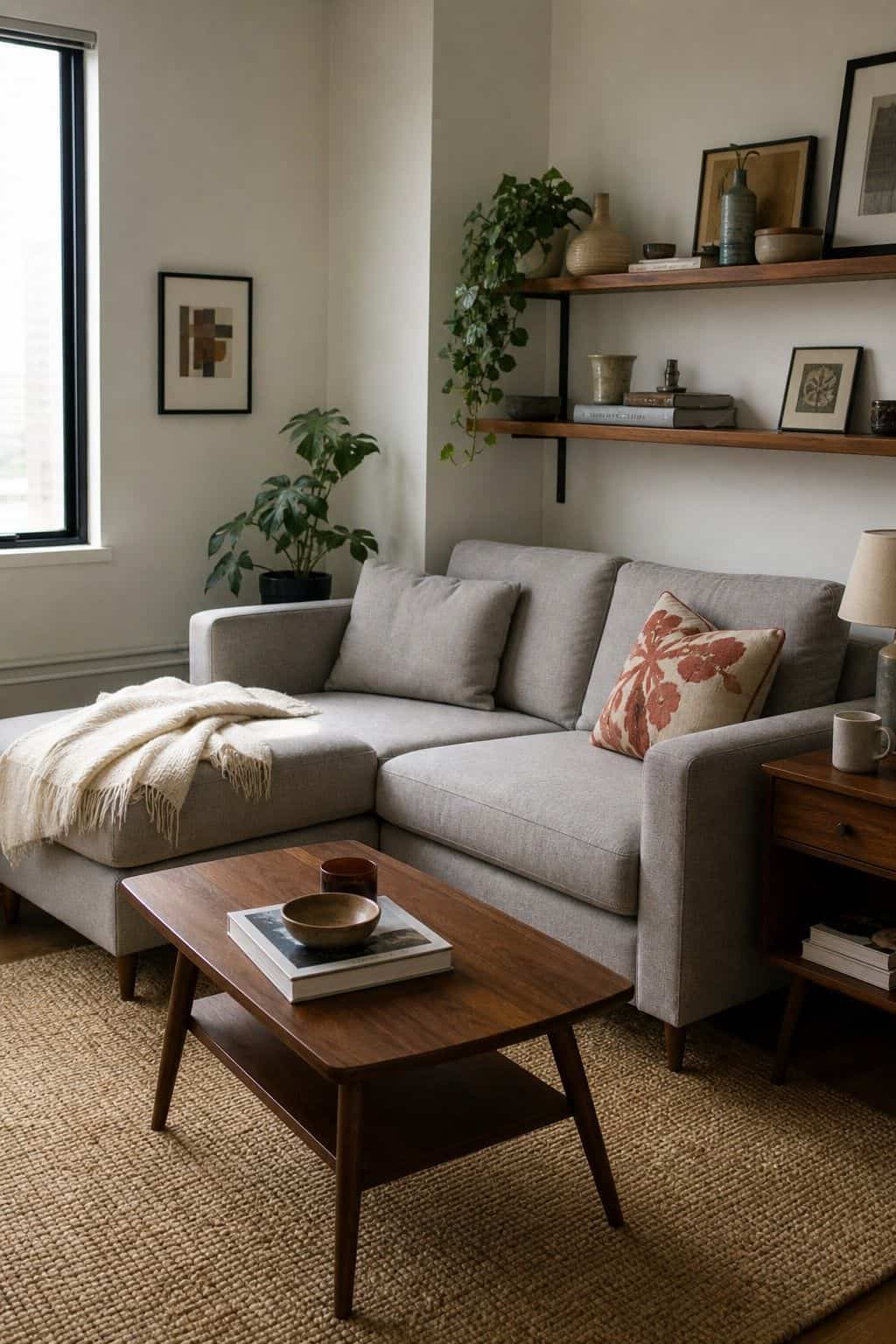 Affordable compact sectional styled with a rust pillow in a small apartment living room