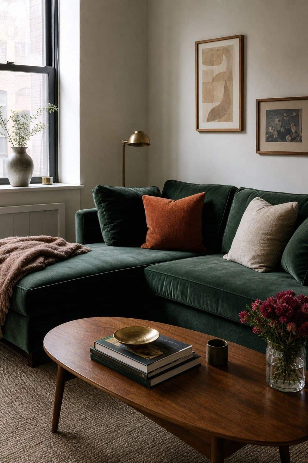 Green velvet sectional with terracotta pillow and walnut table in a small apartment