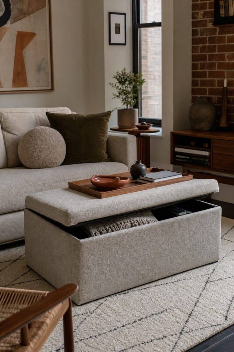 Small apartment living room with a storage ottoman coffee table and walnut tray
