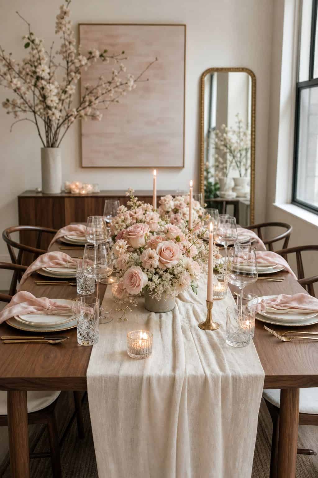 Blush pink, cream, and champagne spring wedding reception table with roses, candles, linen, and walnut details