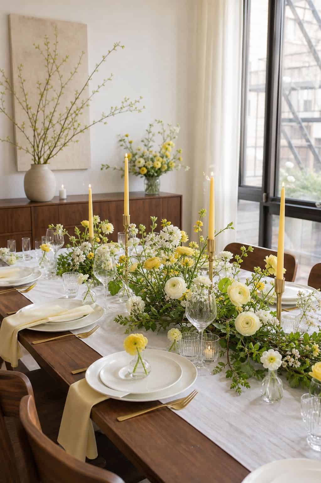 Butter yellow, white, and greenery wedding table with yellow florals, green garland, candles, and walnut table