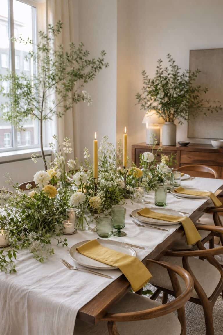 Butter yellow, white, and sage green spring wedding table with greenery, florals, candles, and walnut table