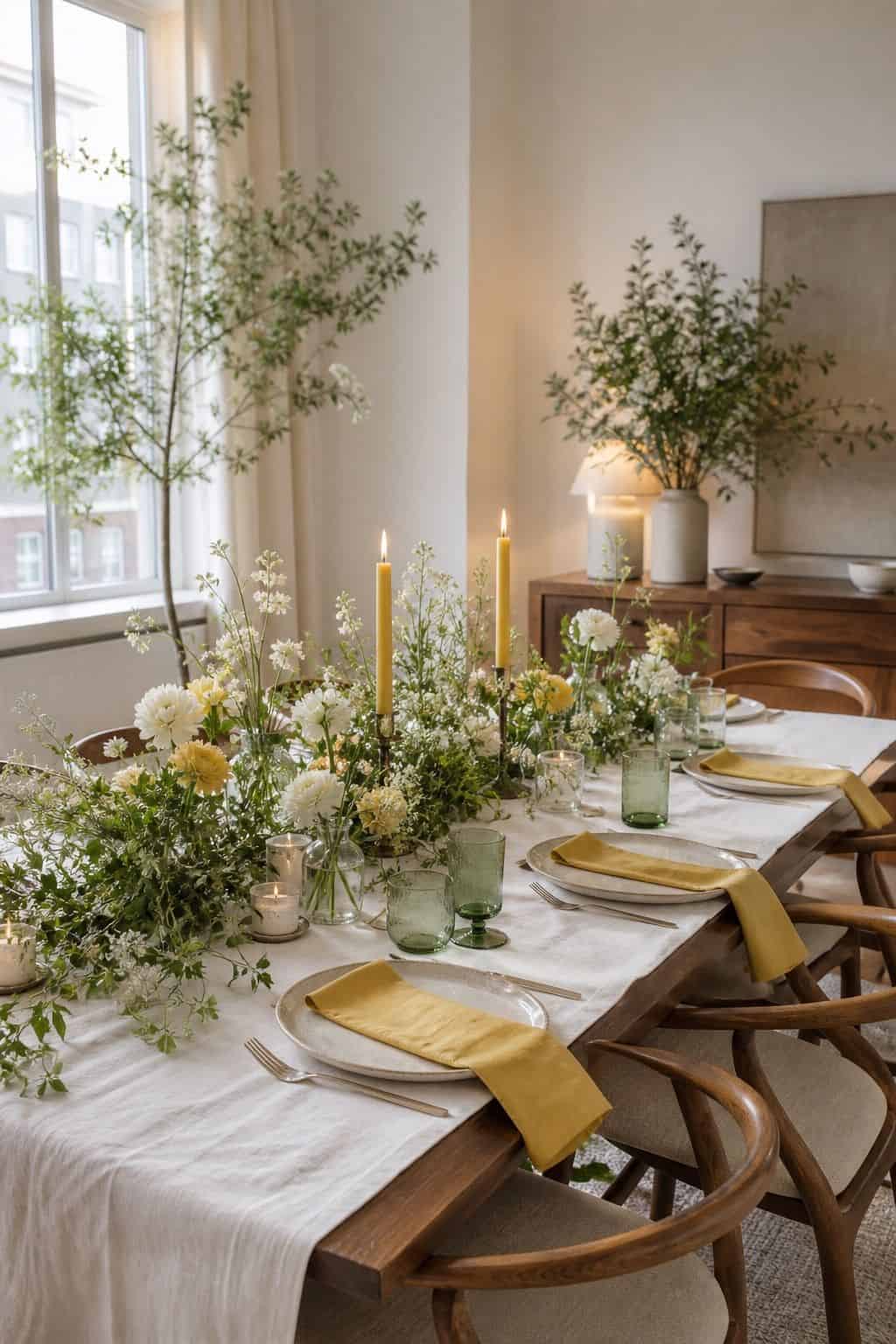 Butter yellow, white, and sage green spring wedding table with greenery, florals, candles, and walnut table