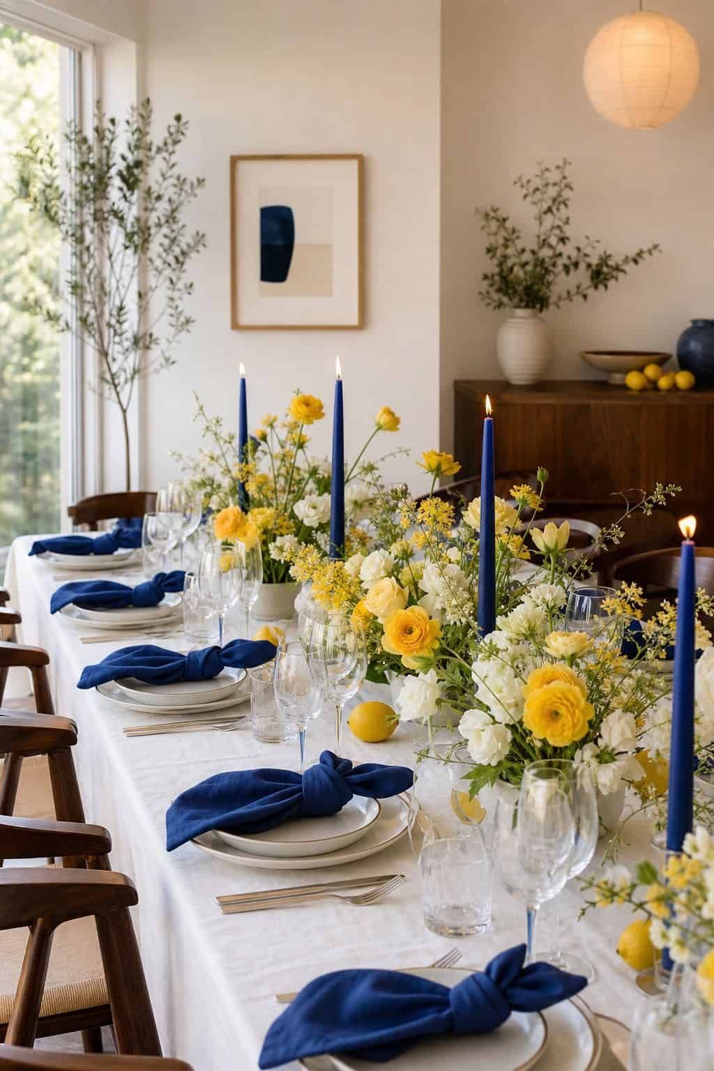Cobalt blue, white, and citrus yellow spring wedding table with lemon yellow flowers, cobalt candles, and walnut table