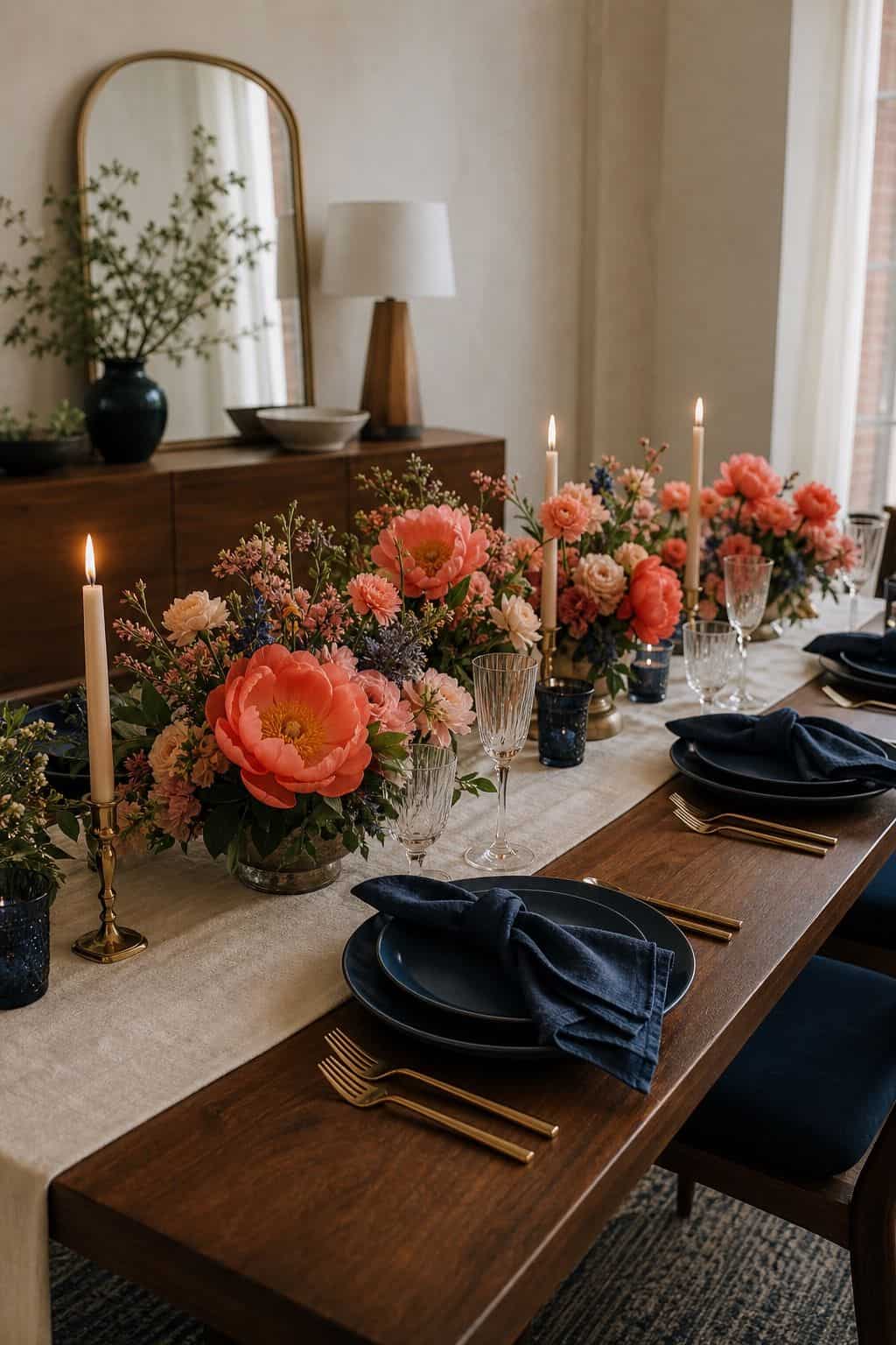 Coral, navy, and cream spring wedding table with navy napkins, coral flowers, candles, and walnut table
