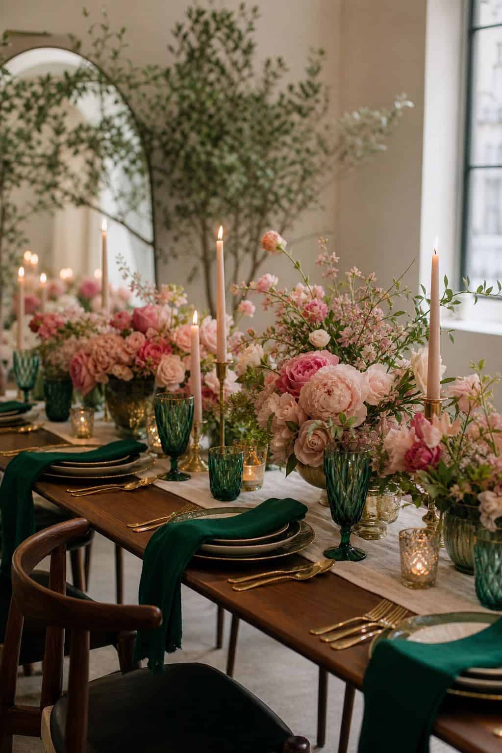 Emerald green, pink, and gold spring wedding table with roses, emerald glassware, gold accents, and walnut table