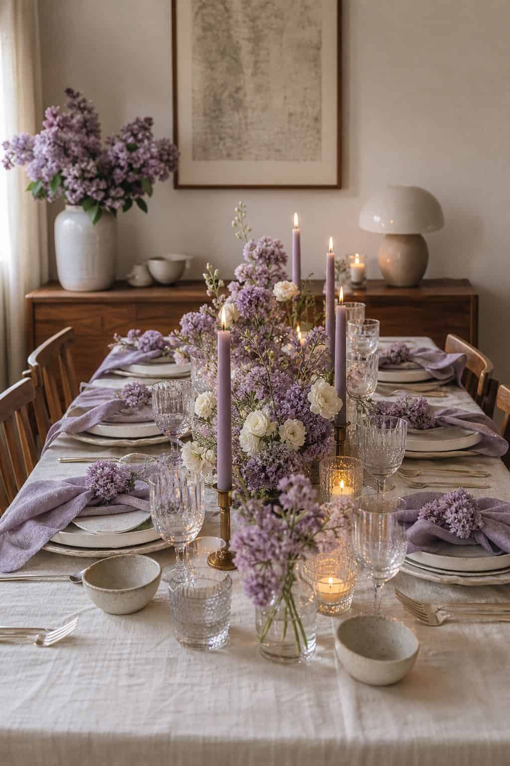 Lavender, lilac, and soft cream spring wedding tablescape with pastel flowers, candles, and walnut table
