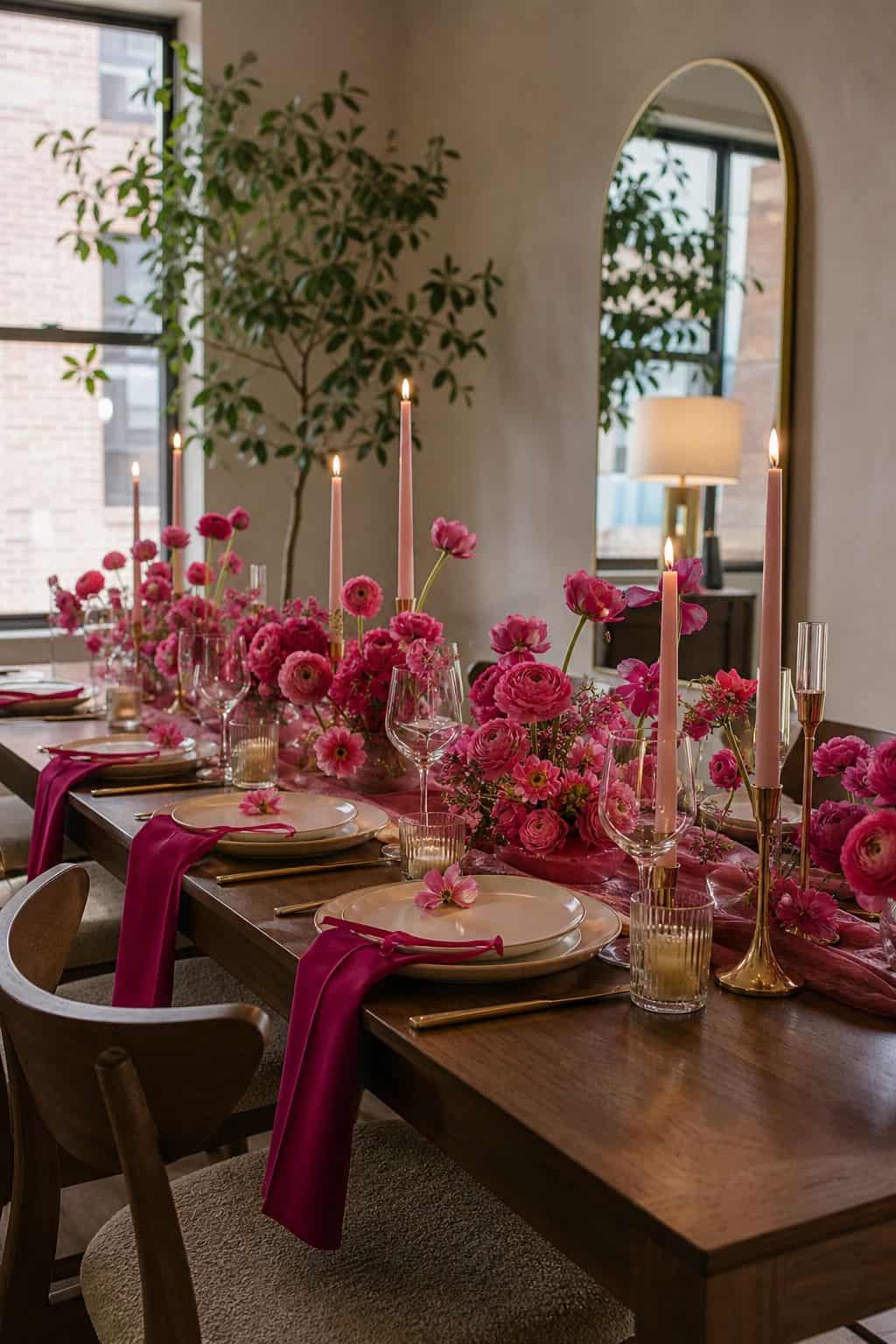 Magenta, hot pink, and gold spring wedding table with bold flowers, gold candleholders, and walnut table