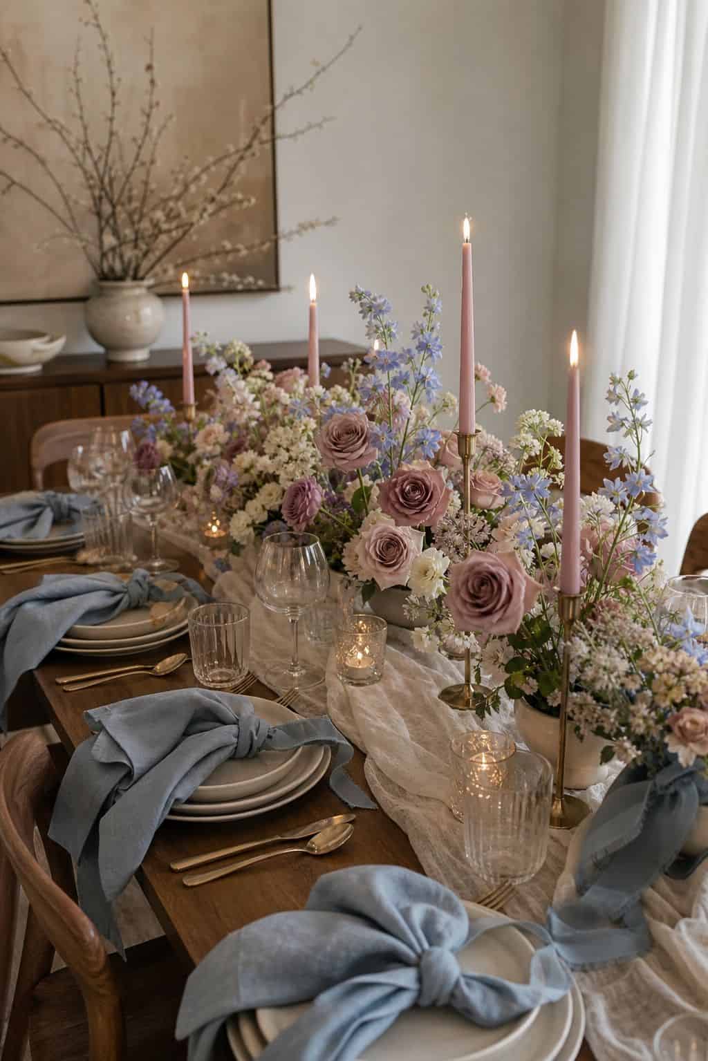 Mauve, dusty blue, and champagne spring wedding table with roses, ribbon, glassware, and walnut table