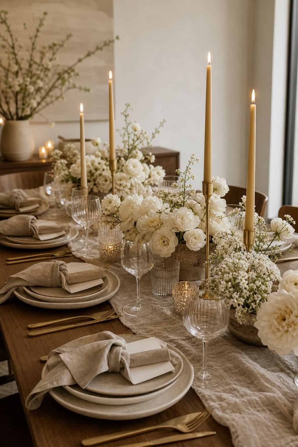 Mushroom, cream, and soft gold spring wedding table with neutral linen, cream flowers, candles, and walnut table