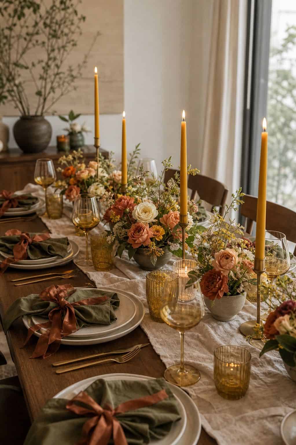 Olive green, mustard, and rust spring wedding table with earthy flowers, mustard glassware, linen, and walnut table