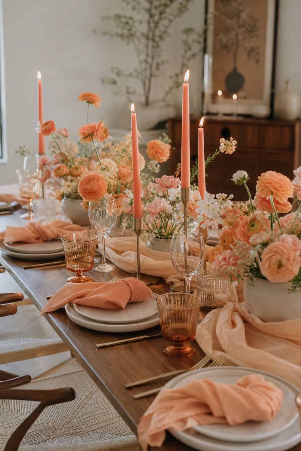Peach, apricot, and soft coral spring wedding table with ranunculus, taper candles, linen, and walnut table