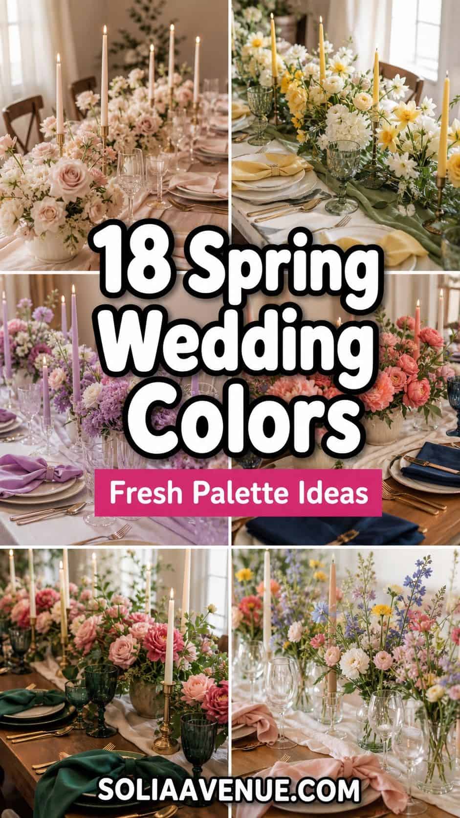 Pinterest pin for 18 spring wedding color palette ideas with colorful reception tables and SOLIAAVENUE.COM text