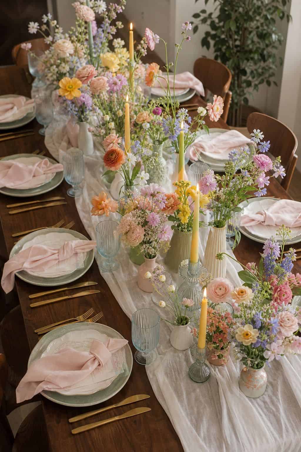 Rainbow pastel spring garden wedding table with bud vases, pastel flowers, candles, glassware, and walnut table