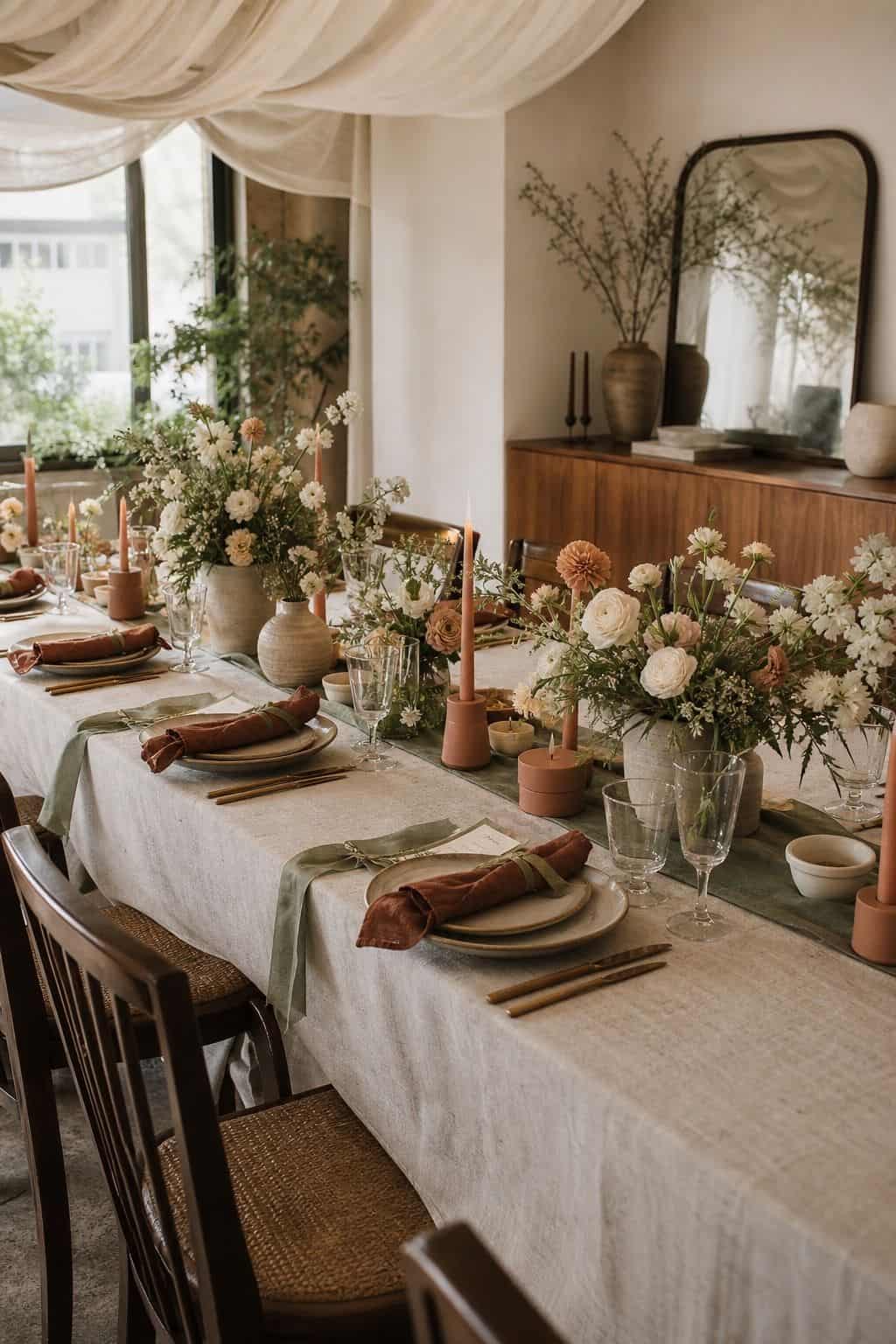 Sage green, terracotta, and cream spring wedding table with greenery, ceramic vessels, linen, and walnut table