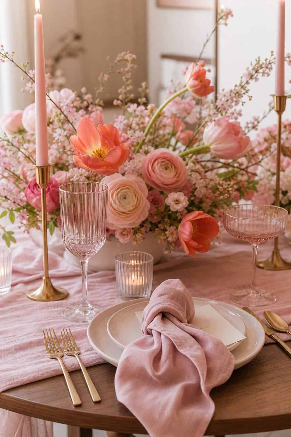 Soft pink spring wedding place setting with tulips, ranunculus, blush ceramics, candles, and walnut table