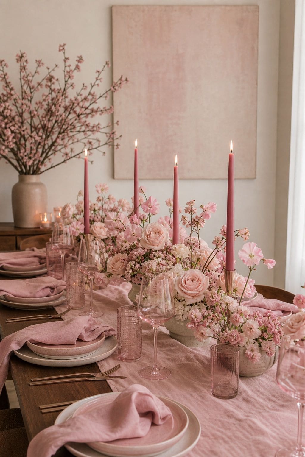 Tonal pink spring wedding table with layered pink flowers, candles, linens, glassware, and walnut table