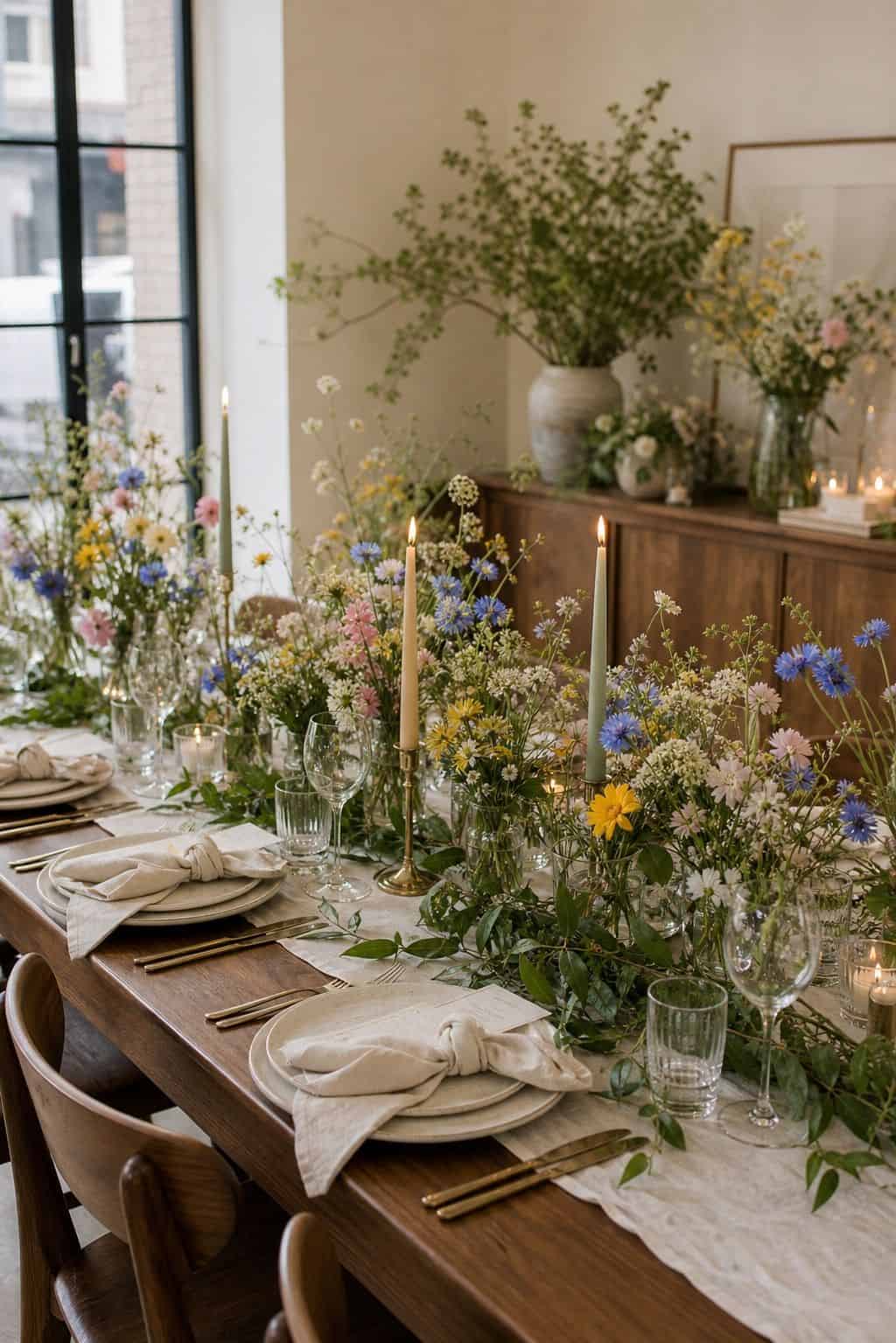 Spring wildflower wedding table with greenery garland, colorful loose florals, cream linen, and walnut table