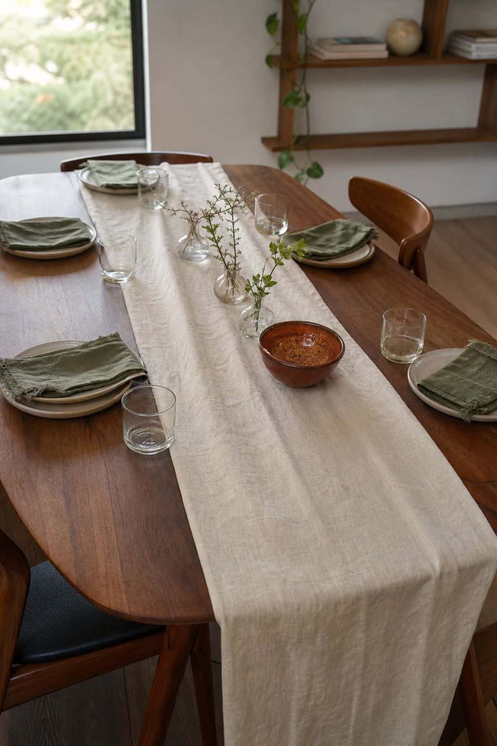 Cream linen table runner on a walnut dining table for summer party decor